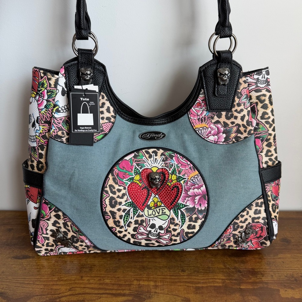 New Ed Hardy Leopard Denim Skull Shoulder Tote Handbag Y2K Charms Pink Black